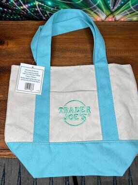Trader Joe's Mini Canvas Tote Bag Spring Blue NWT